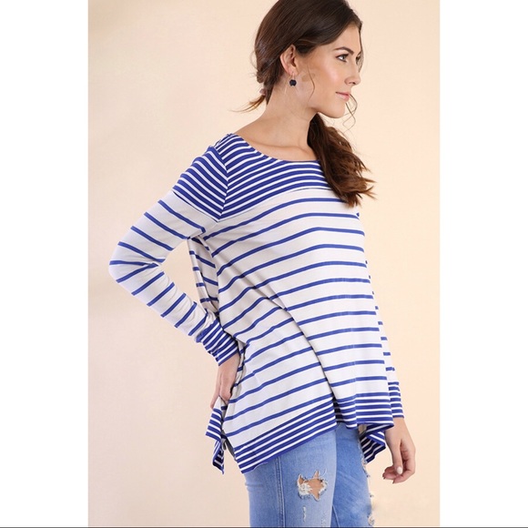 White/Cobalt Striped Long Sleeve Scoop Neck Top - Picture 4 of 6